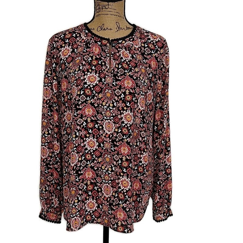 LOFT Blouse Womens M Black Red Medallion Print Pom Pom Keyhole Neck Long Sleeve